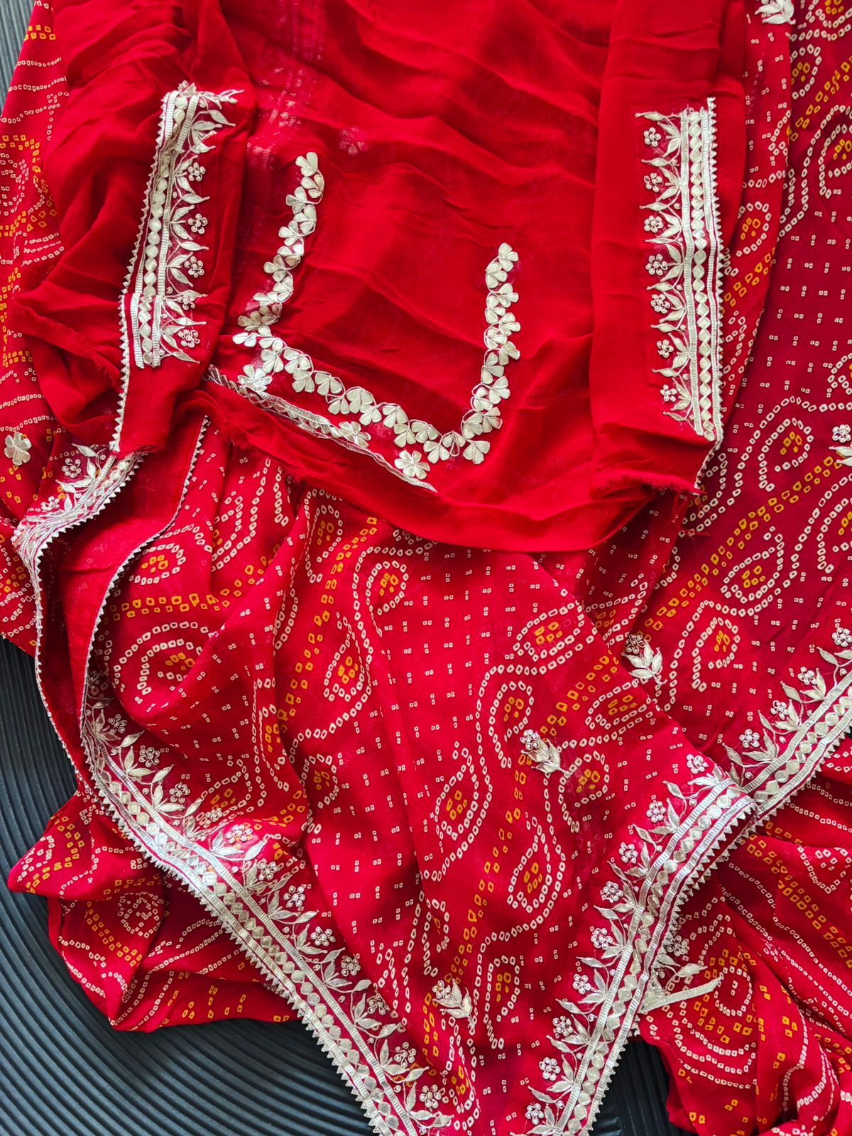 Semi Georgette Red Bandhani Chunri Saree With Gota Patti Handwork