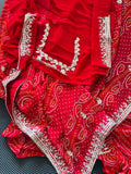 Semi Georgette Red Bandhani Chunri Saree With Gota Patti Handwork