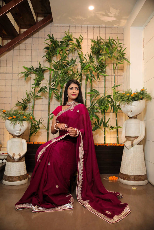 Chinnon Silk Fabric Wine Colour Saree With Gotta Patti HandWork