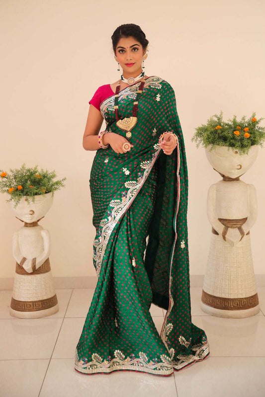 Pure Gajji Silk Green Colour Baandhni Saree With Zero Gotta Patti Work