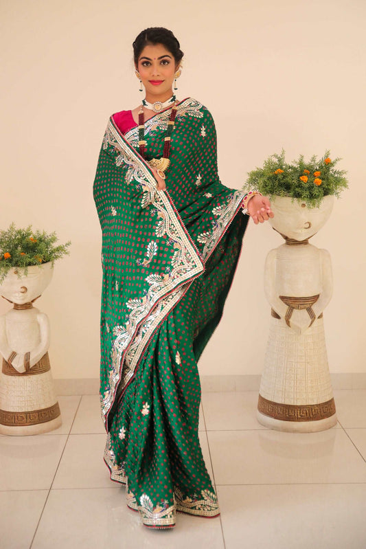 Pure Gajji Silk Green Colour Baandhni Saree With Zero Gotta Patti Work