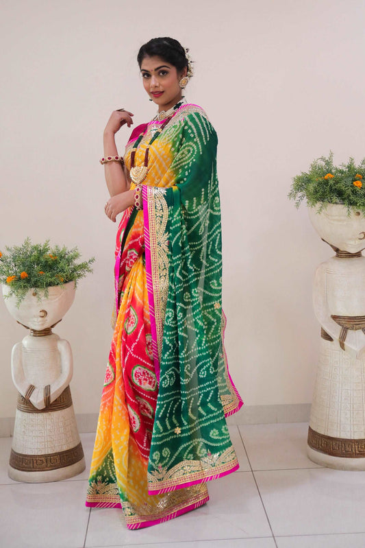 Pure Georgette Red Yellow And Green Shaded Baandhni Saree With Zero Gotta Patti Hand Work