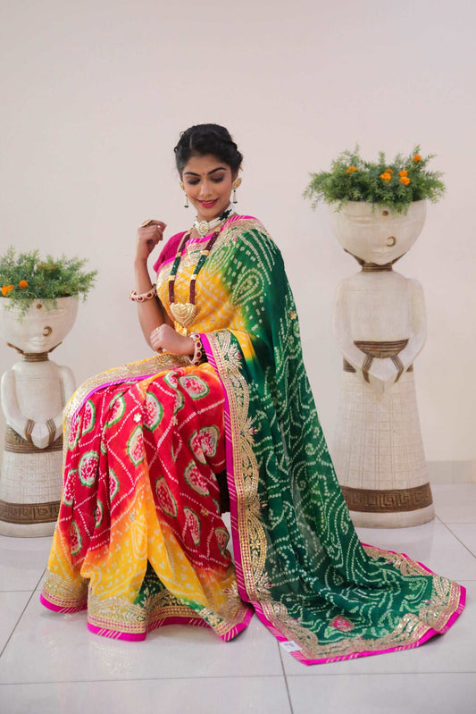 Pure Georgette Red Yellow And Green Shaded Baandhni Saree With Zero Gotta Patti Hand Work