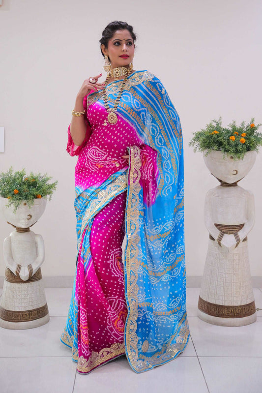 Pure Georgette Pink And Firozi Shaded Bandhni Saree With Zero Gotta Patti Hand Work