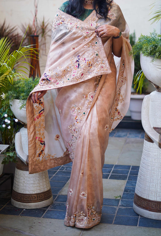 Pure Tissue Organza Peacock Design Saree with Zardozi Work