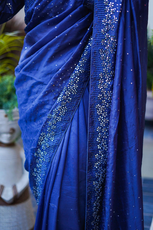 Blue Color Chinon Fabric Saree with Mirror and Sequins Work