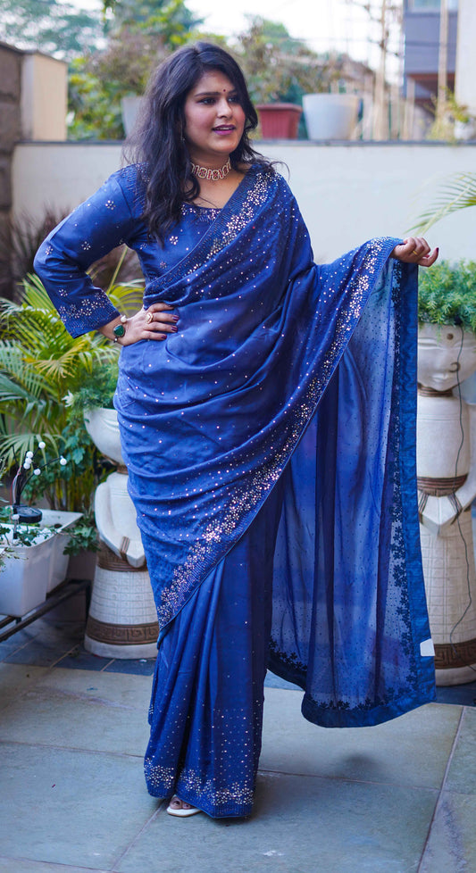 Blue Color Chinon Fabric Saree with Mirror and Sequins Work