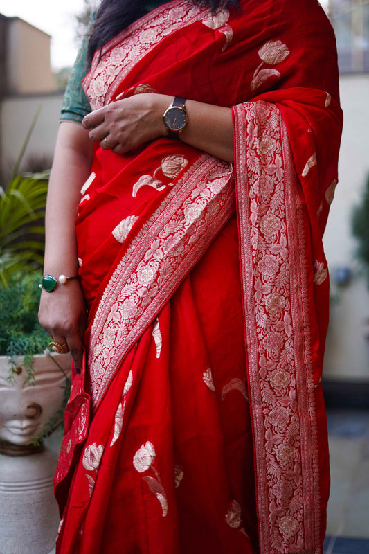 Red Banarasi Chinnon silk Saree with Zari Work