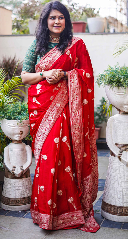 Red Banarasi Chinnon silk Saree with Zari Work