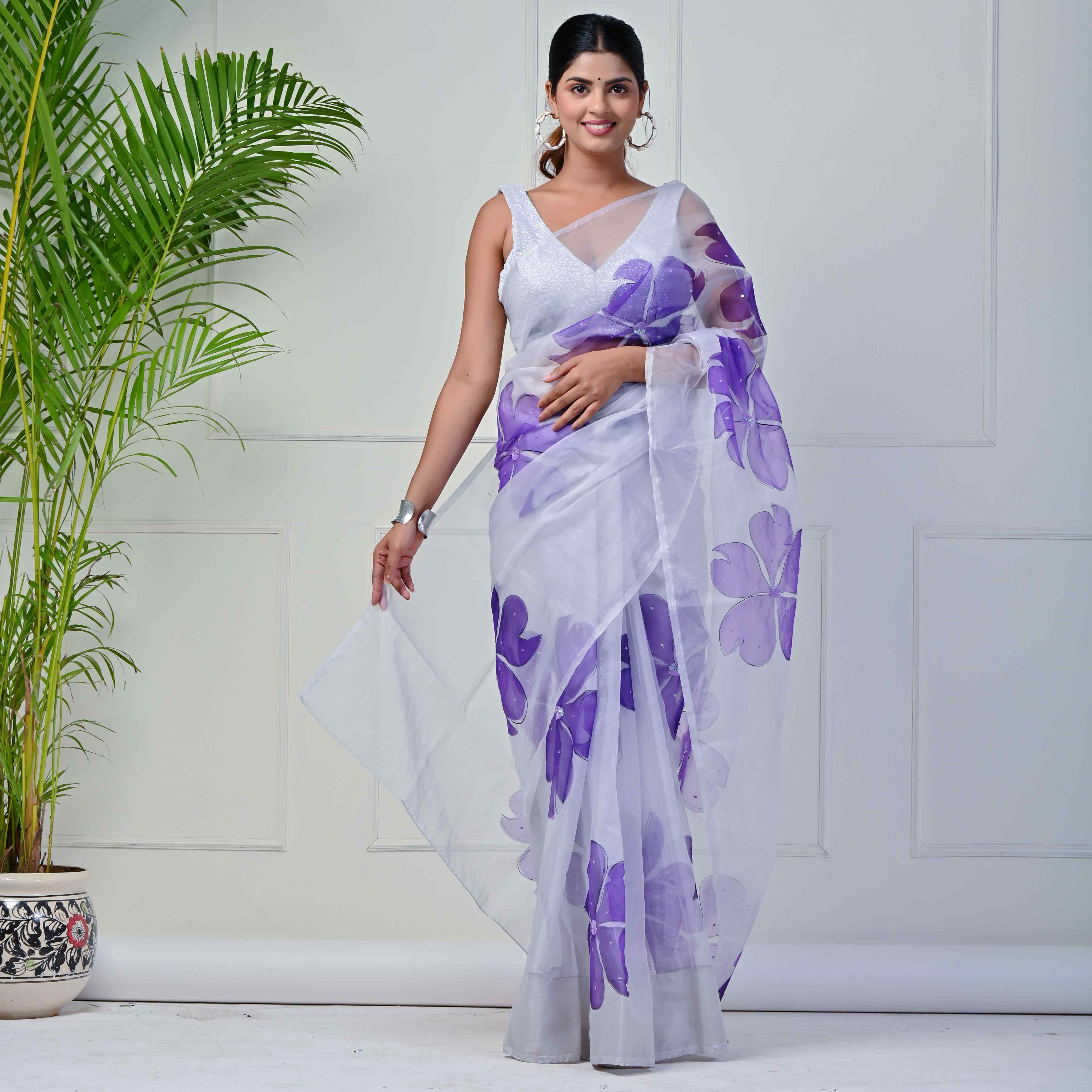 Lavender sequin Hand-painted saree