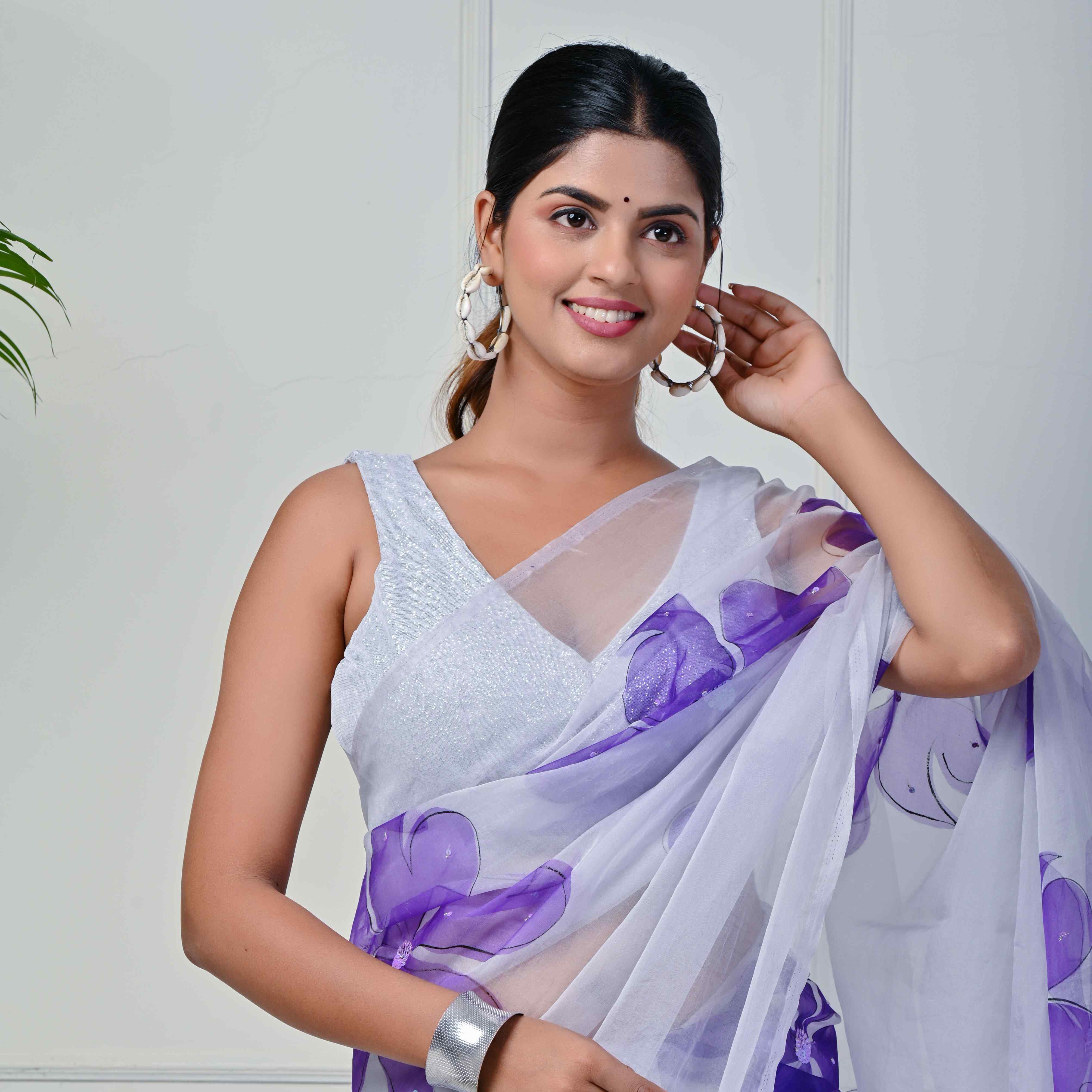 Lavender sequin Hand-painted saree