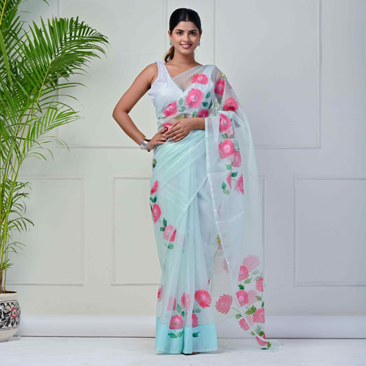 Celeste rose Hand-painted organza saree