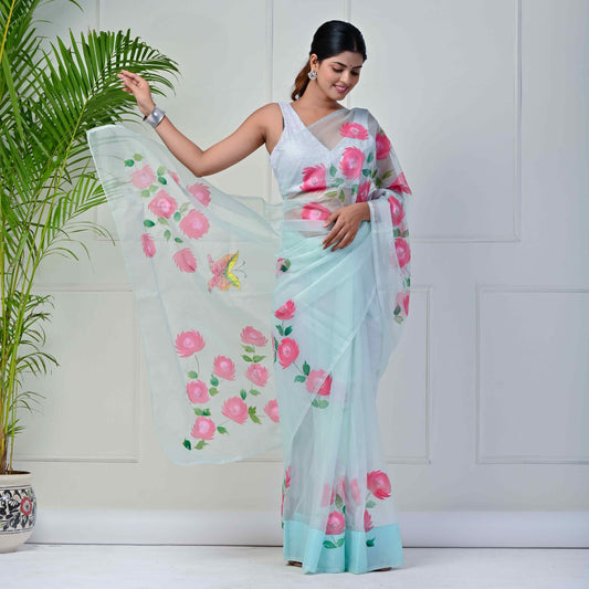 Celeste rose Hand-painted organza saree