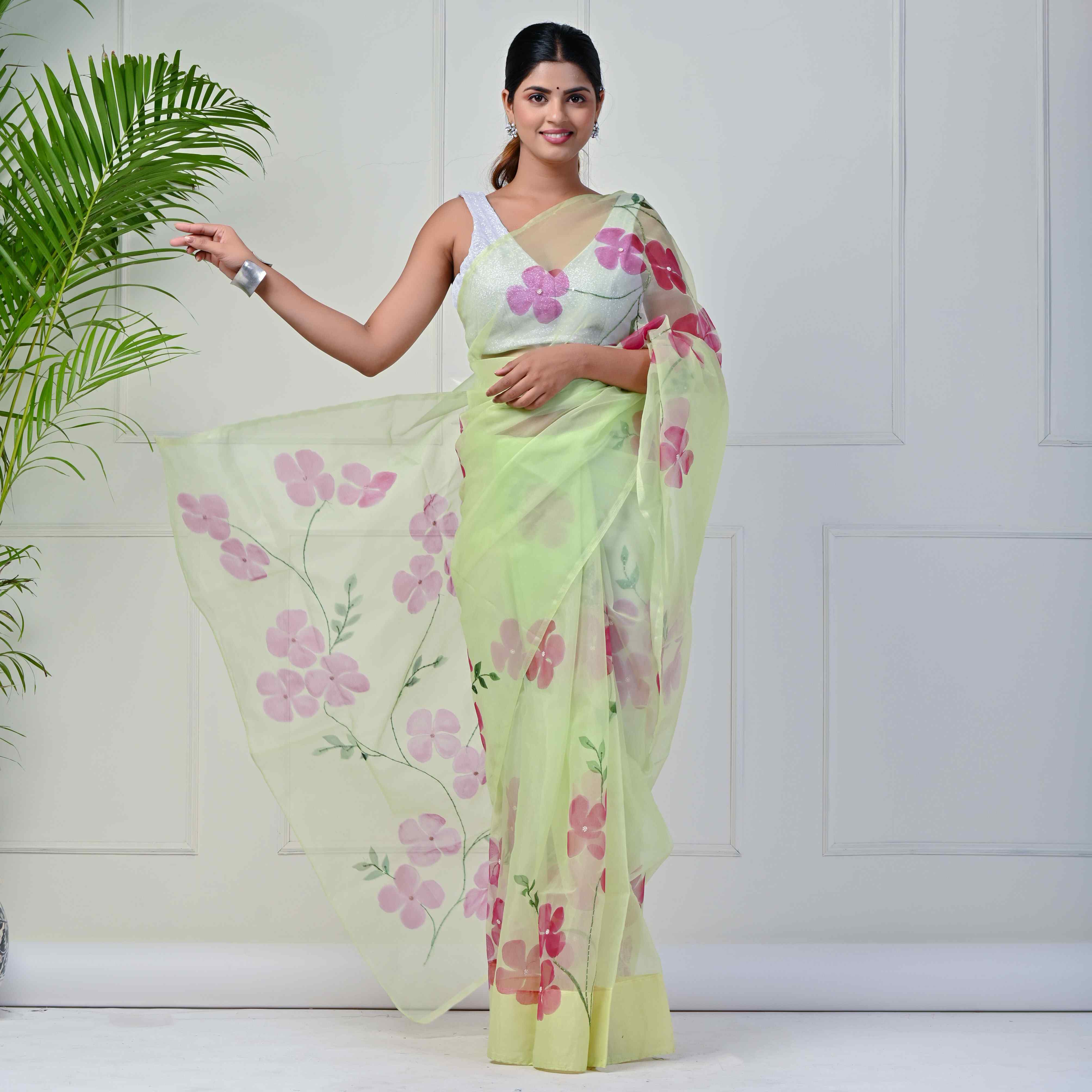 Yellow Floral sequin Hand-painted saree