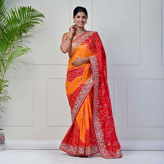 Pure georgette Piliya Bandhani saree with Gota patti Handwork