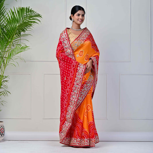 Pure georgette Piliya Bandhani saree with Gota patti Handwork