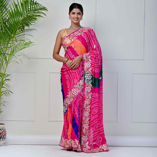 Pure georgette pachrangi Bandhani saree