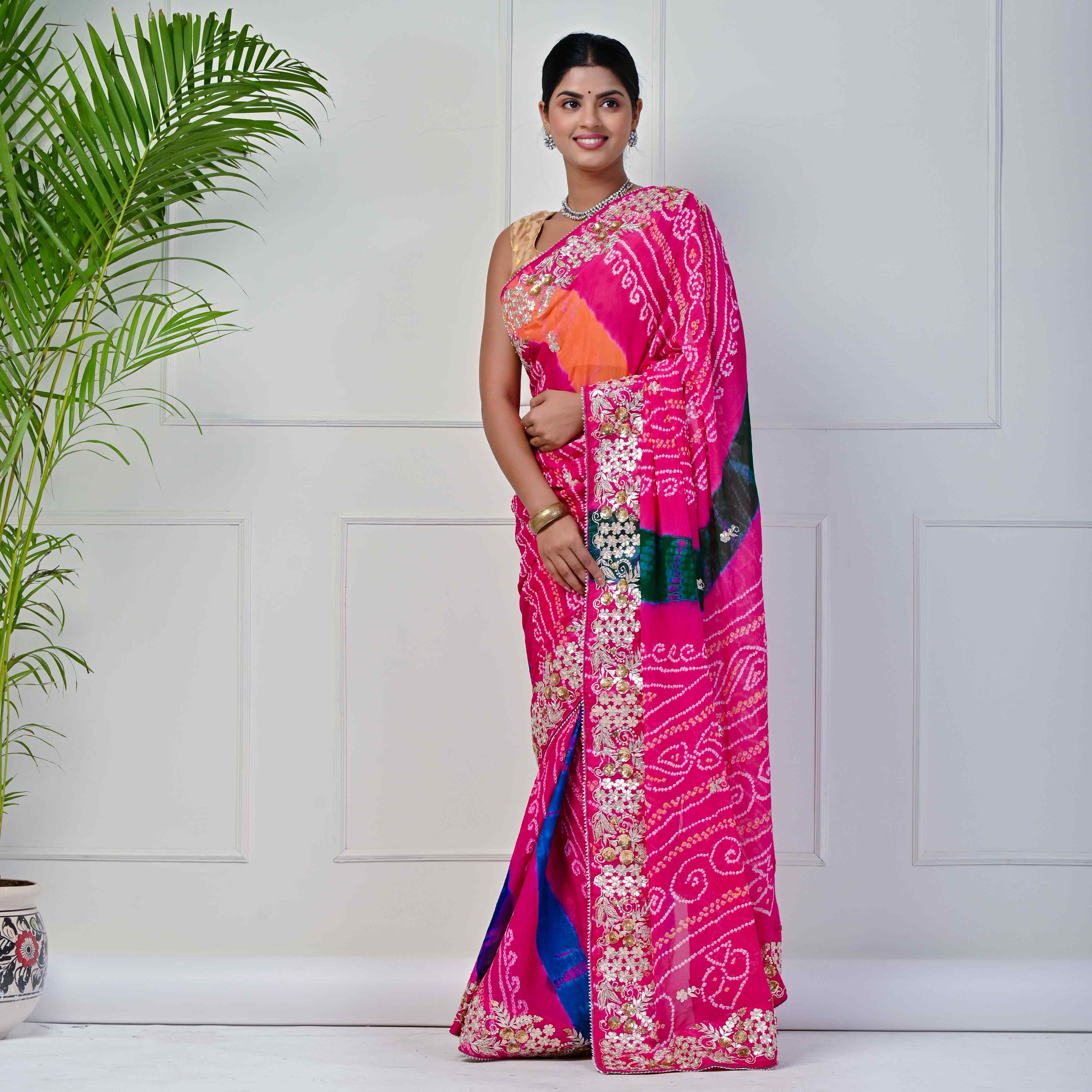 Pure georgette pachrangi Bandhani saree